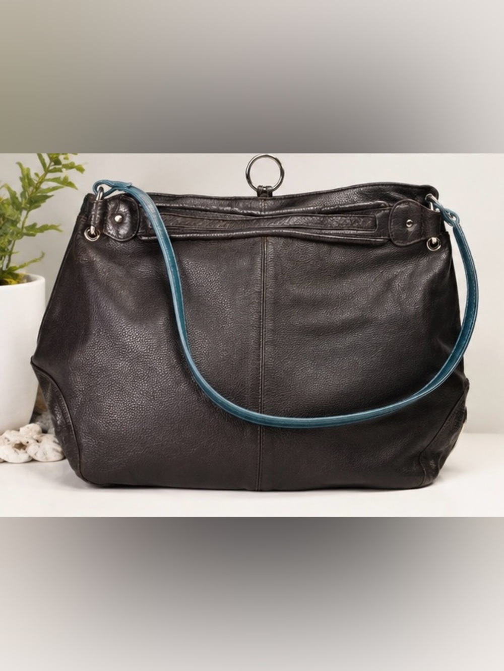 Escada brown Leather Tote with Teal Shoulder Strap vintage